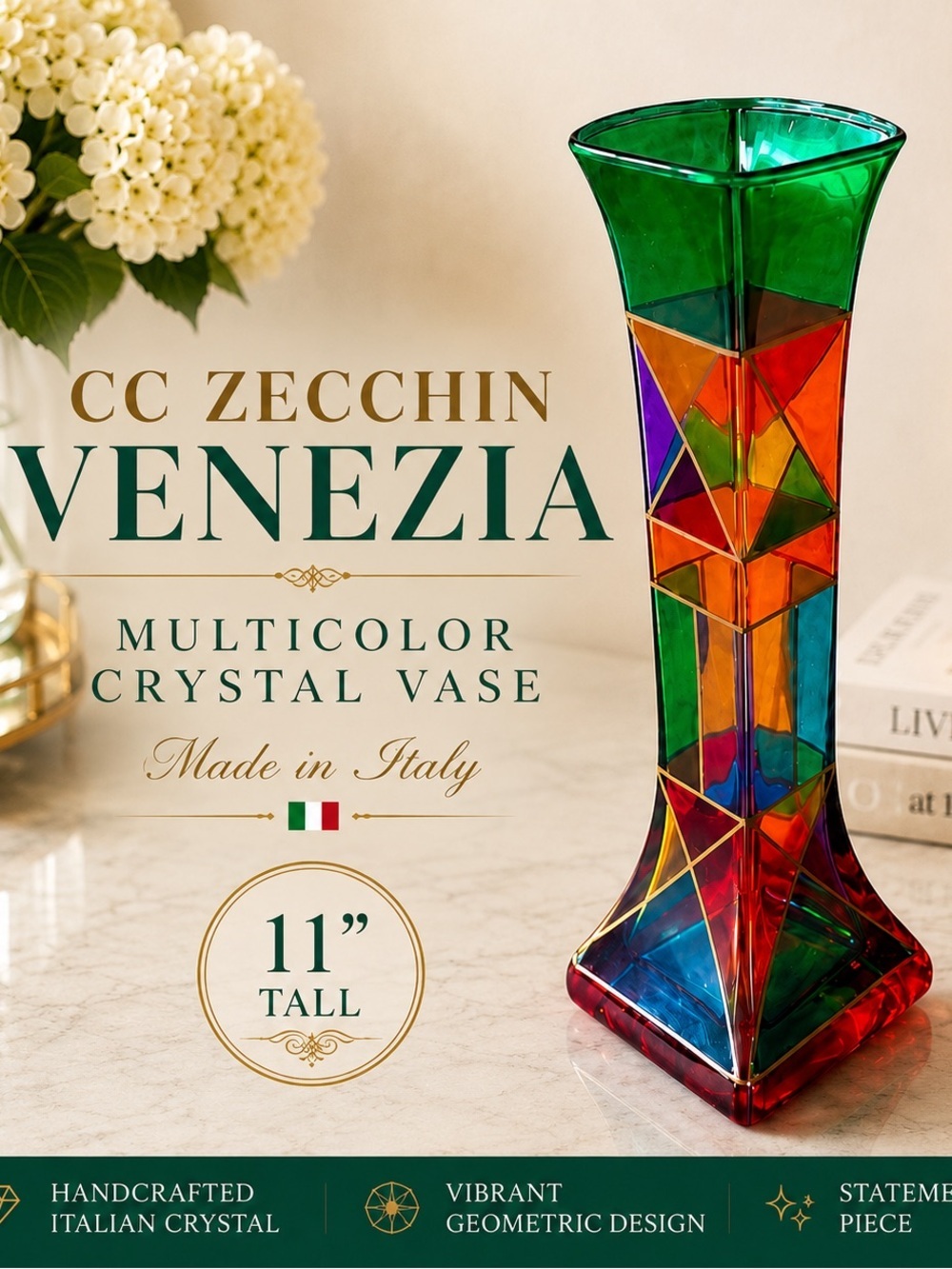 CC Zecchin Venezia Multicolor Crystal Art Glass Vase Made in Italy